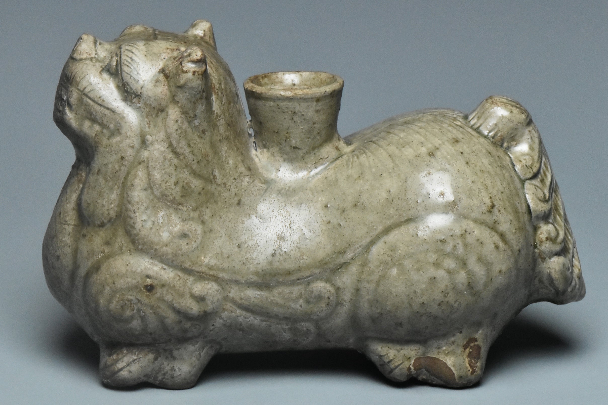 P927: Chinese Yue Green Glazed Bixie Candlestick Western Jin Dynasty Style