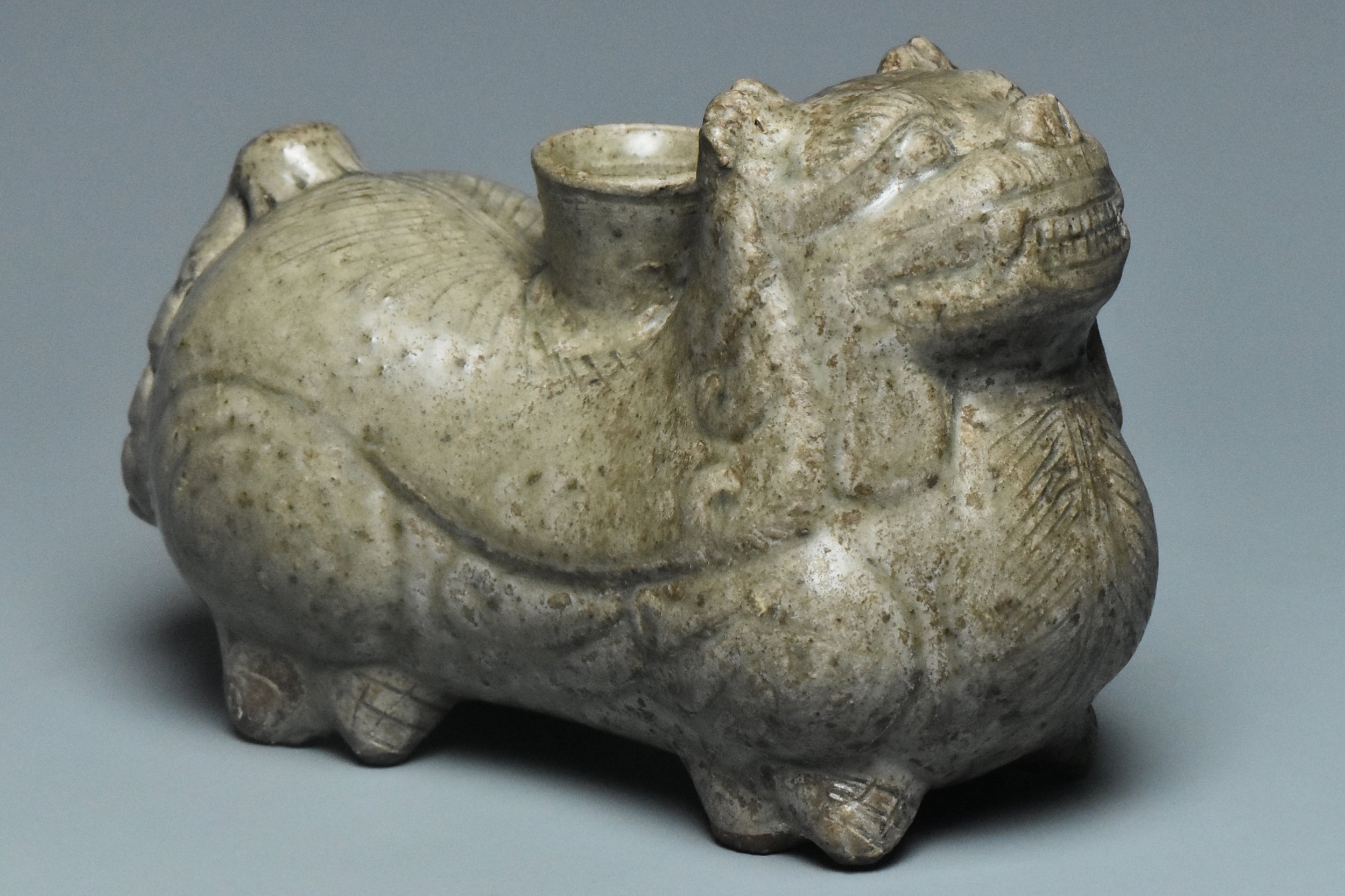 P927: Chinese Yue Green Glazed Bixie Candlestick Western Jin Dynasty Style
