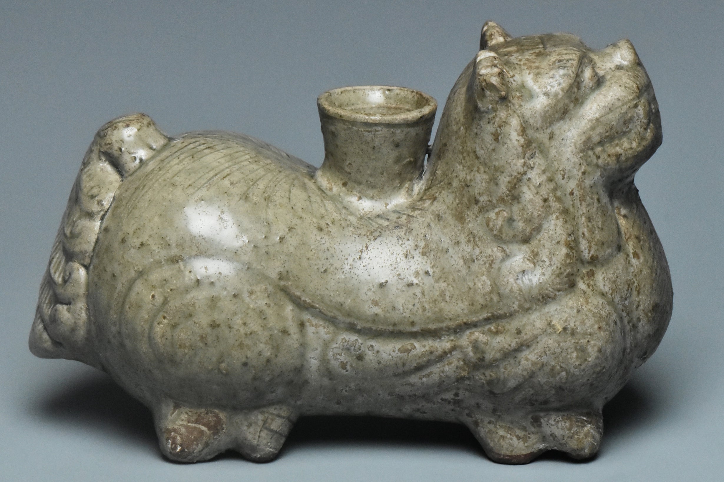 P927: Chinese Yue Green Glazed Bixie Candlestick Western Jin Dynasty Style