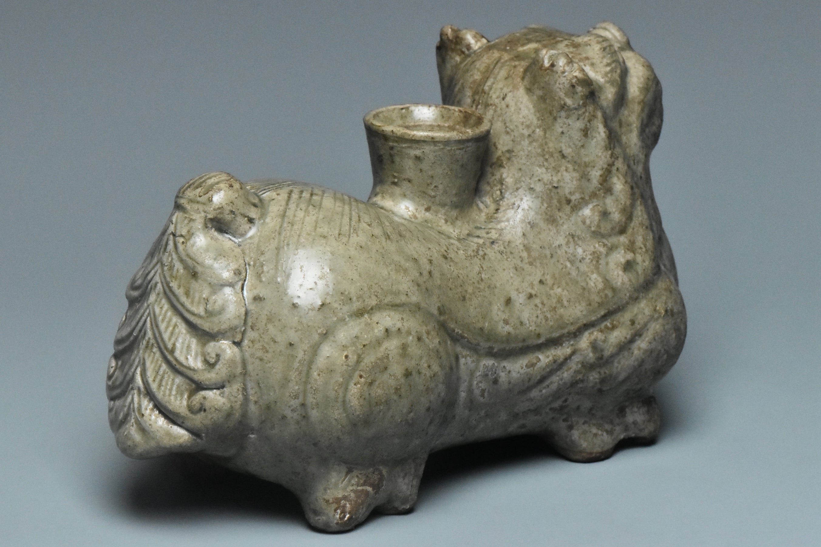 P927: Chinese Yue Green Glazed Bixie Candlestick Western Jin Dynasty Style