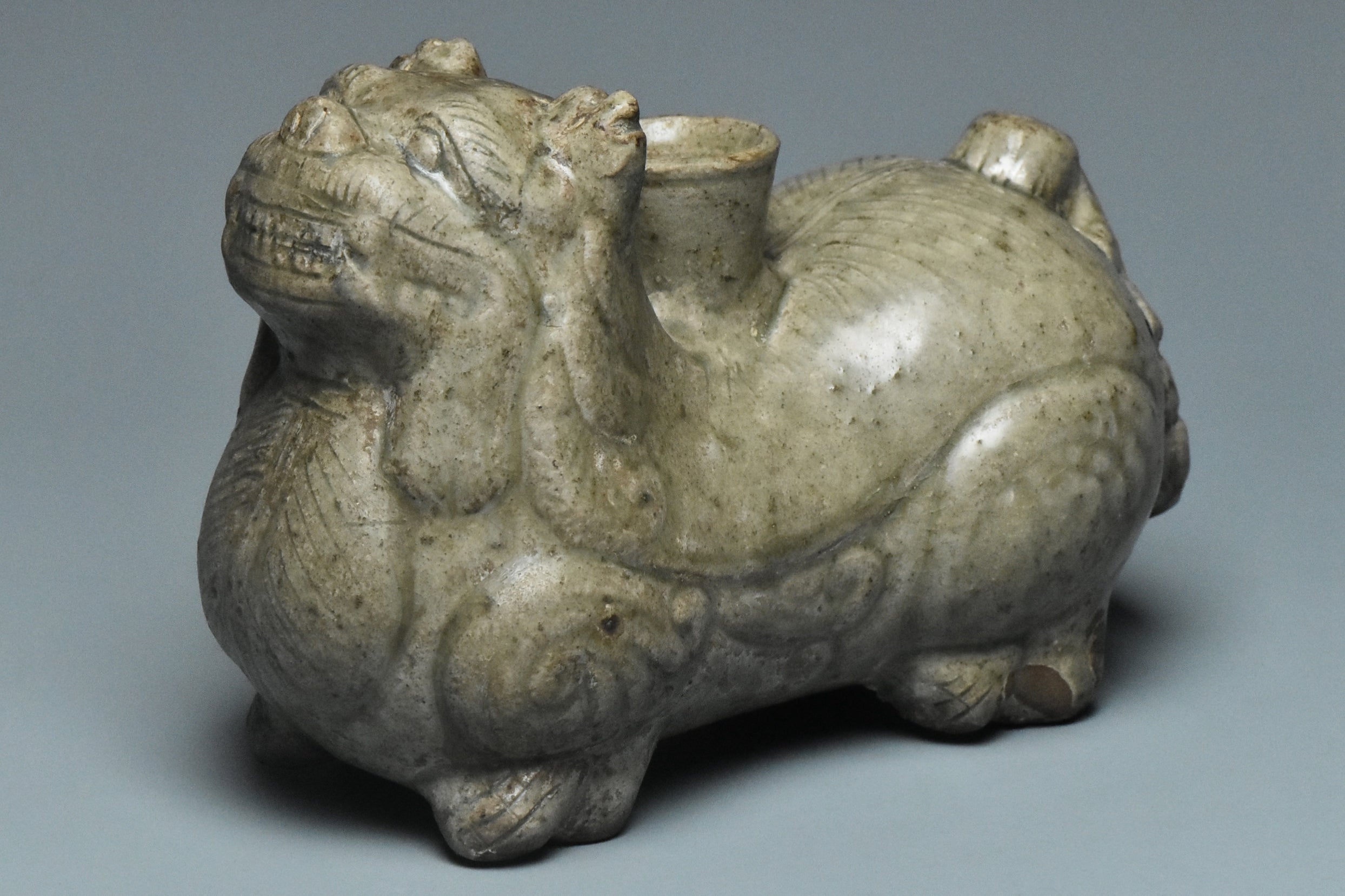 P927: Chinese Yue Green Glazed Bixie Candlestick Western Jin Dynasty Style