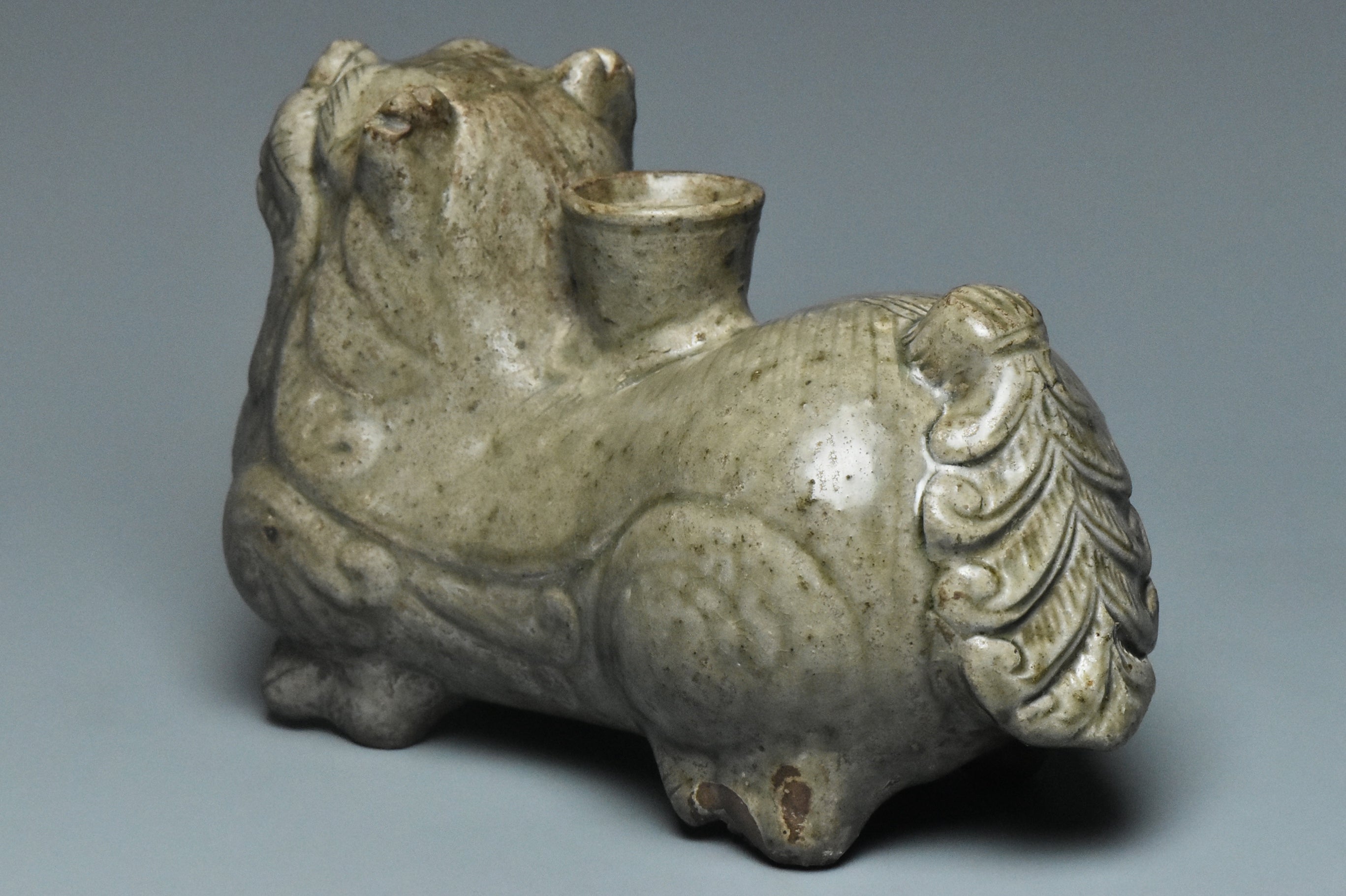 P927: Chinese Yue Green Glazed Bixie Candlestick Western Jin Dynasty Style