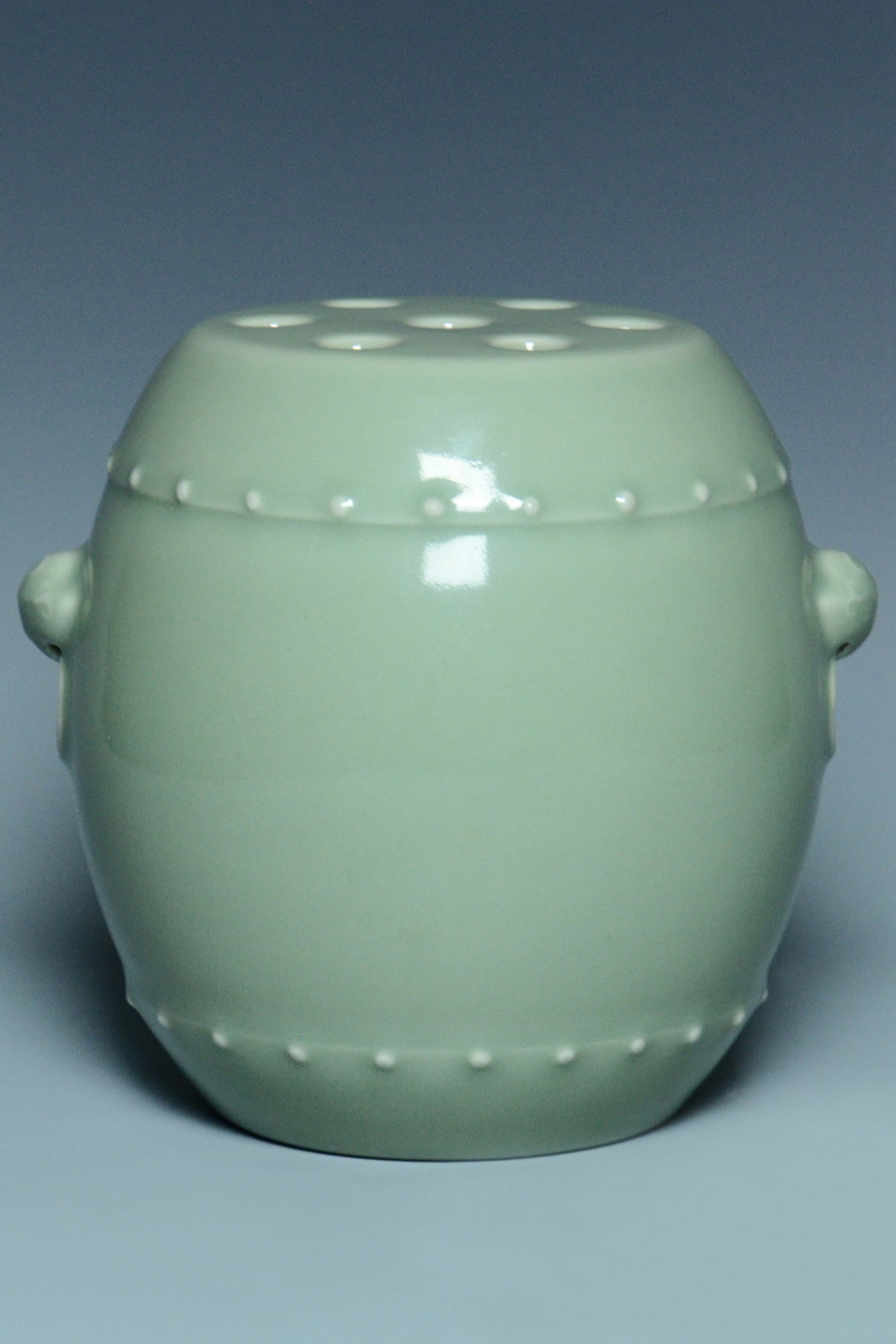 R276: Chinese Celadon Glazed Drum Shaped Vase Qianlong Mark Qing Dynasty Style