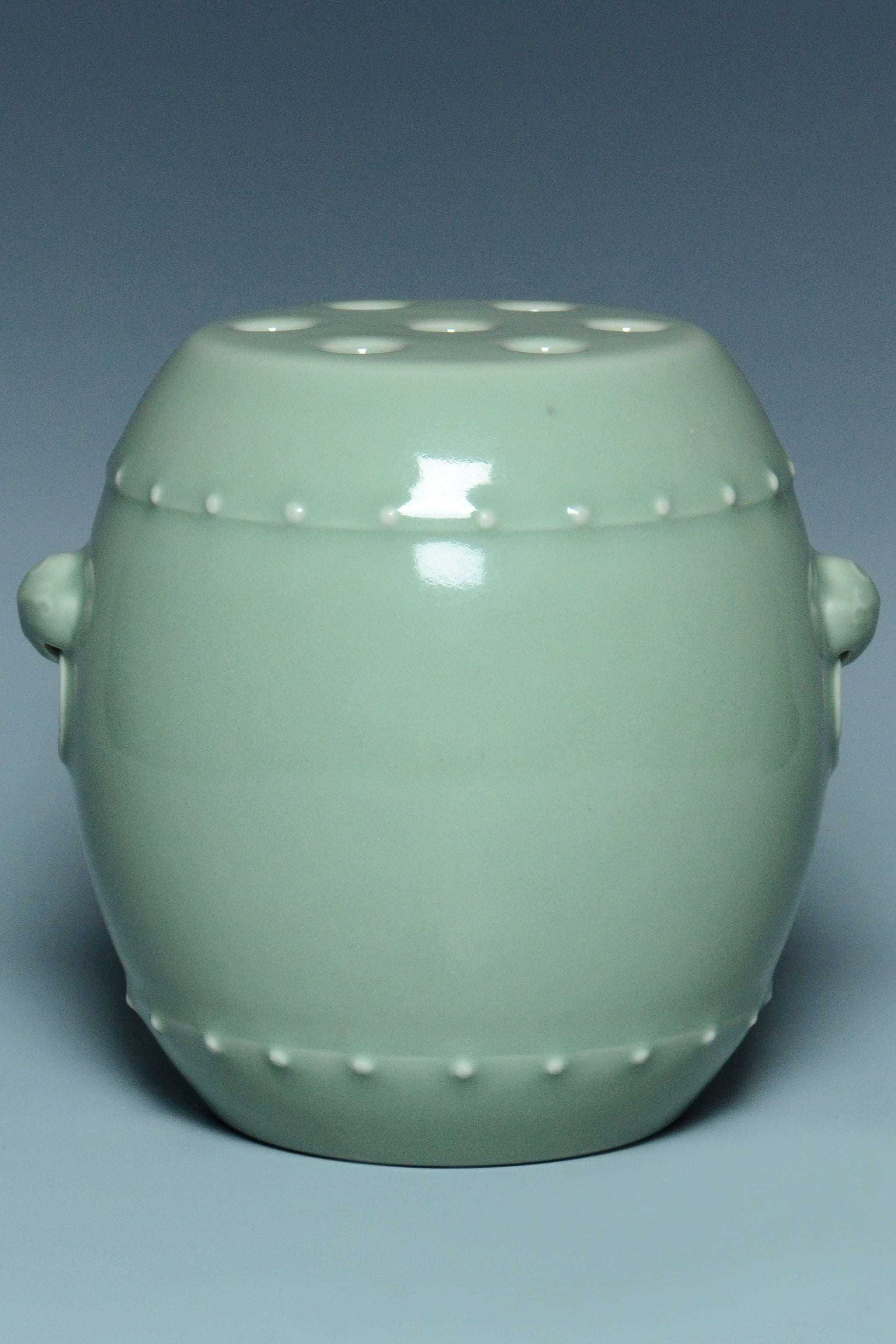 R276: Chinese Celadon Glazed Drum Shaped Vase Qianlong Mark Qing Dynasty Style