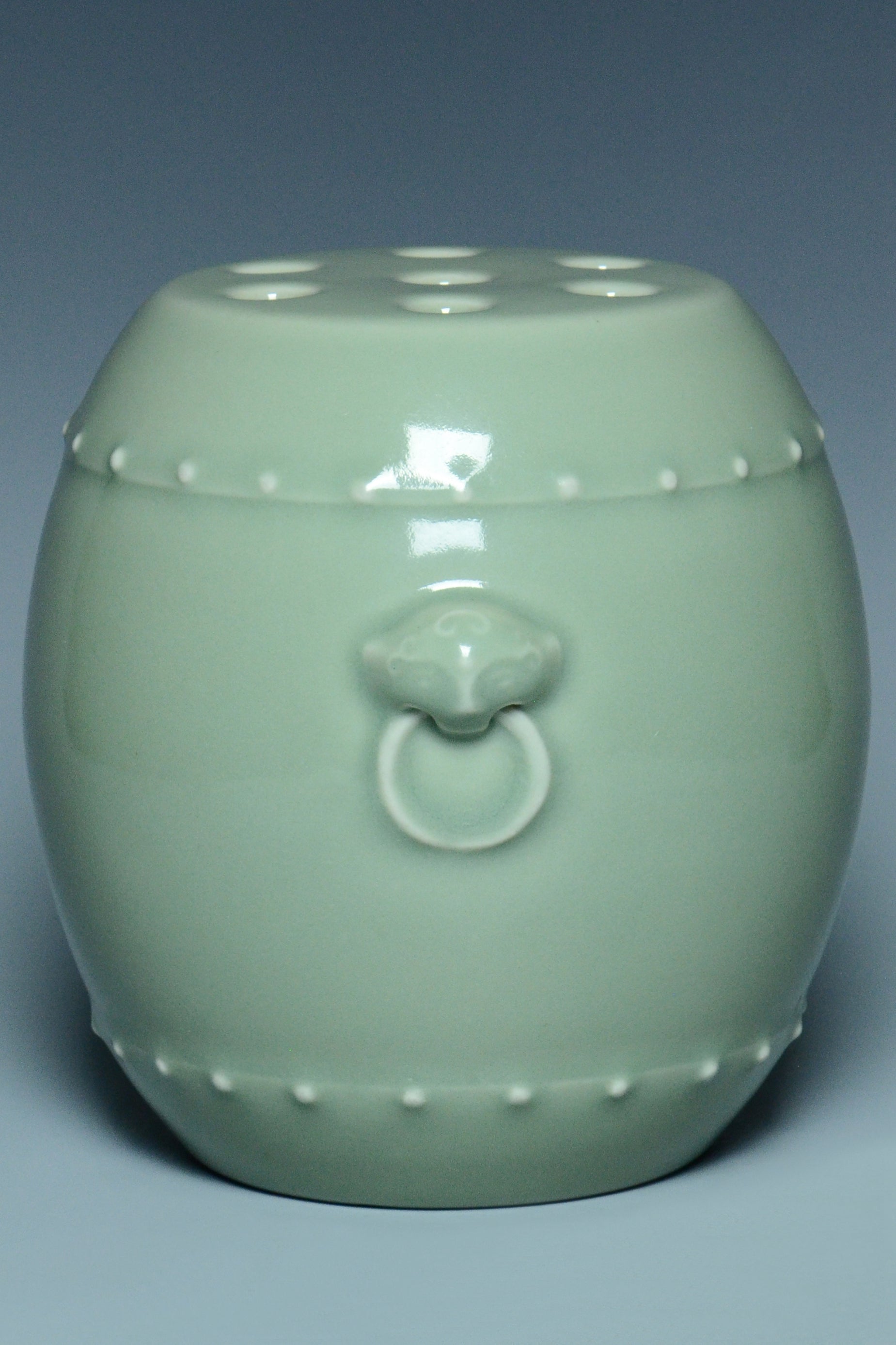 R276: Chinese Celadon Glazed Drum Shaped Vase Qianlong Mark Qing Dynasty Style