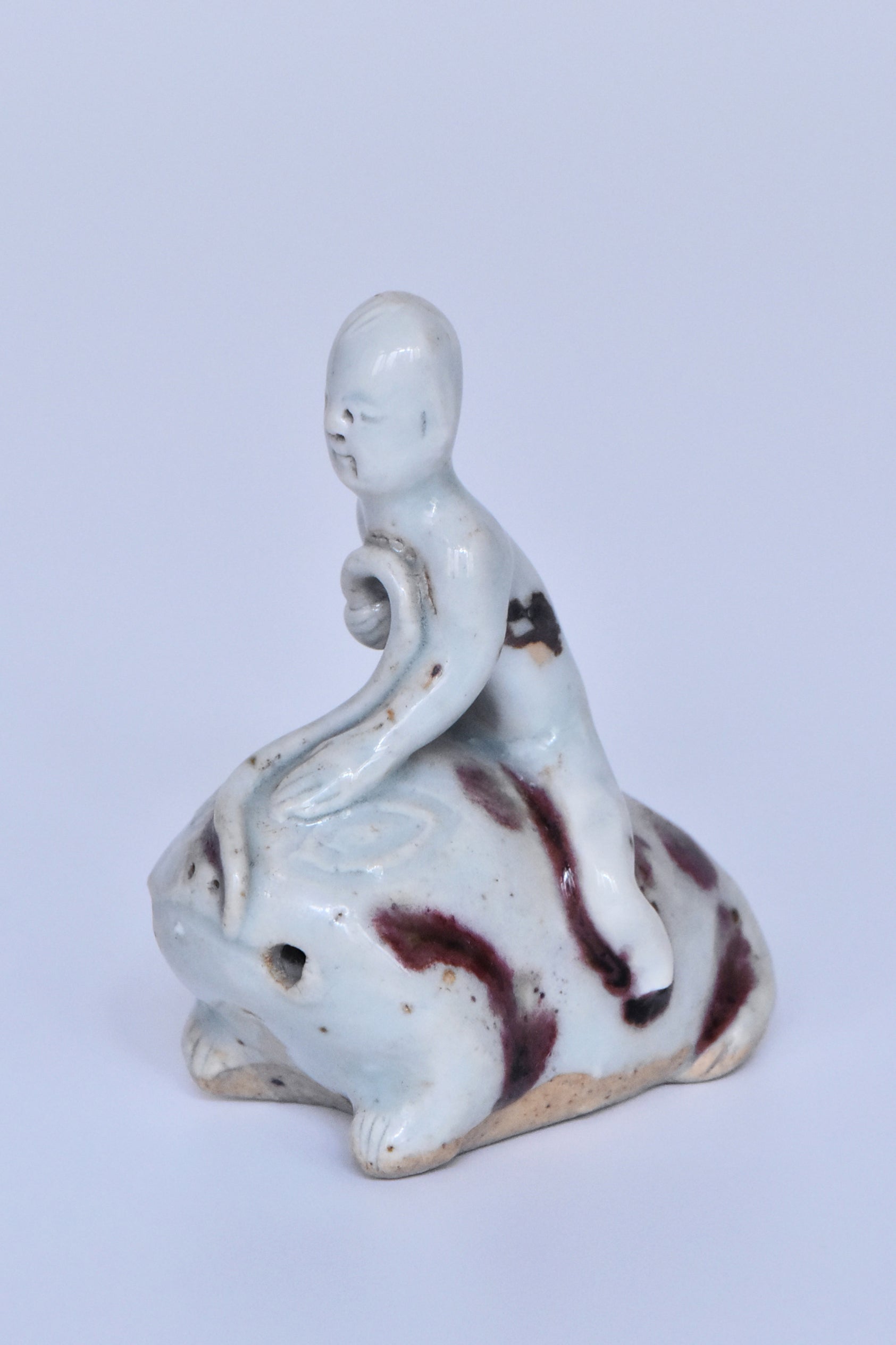 R346: Chinese Copper Red Decorated Figure of a Boy on a Frog Yuan Dynasty Style